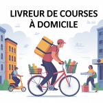 Devenir livreur de courses à domicile illustration stylisée vélo scooter voiture