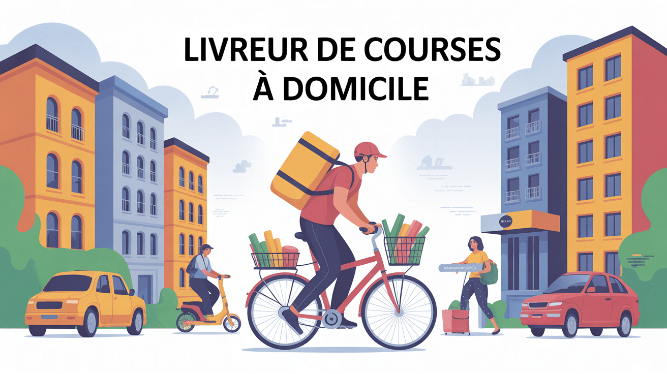 Devenir livreur de courses à domicile illustration stylisée vélo scooter voiture